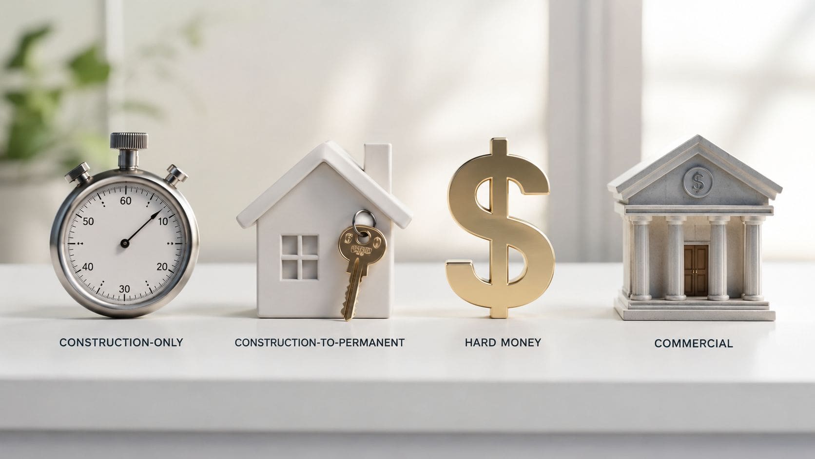 Four symbols representing real estate financing options: a stopwatch, a house with a key, a dollar sign, and a bank.