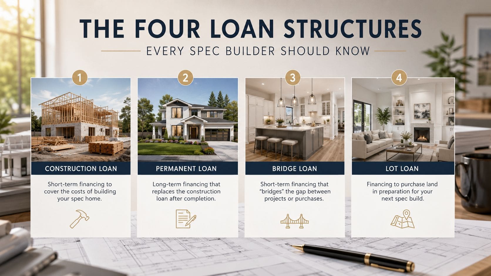 An infographic detailing four essential loan types for real estate developers constructing spec homes.