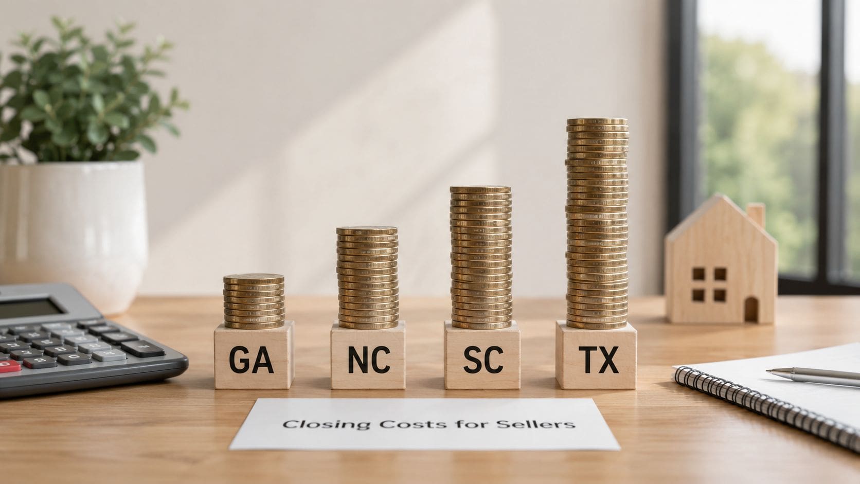 Stacks of gold coins on wooden blocks labeled with state abbreviations representing seller closing costs comparison.