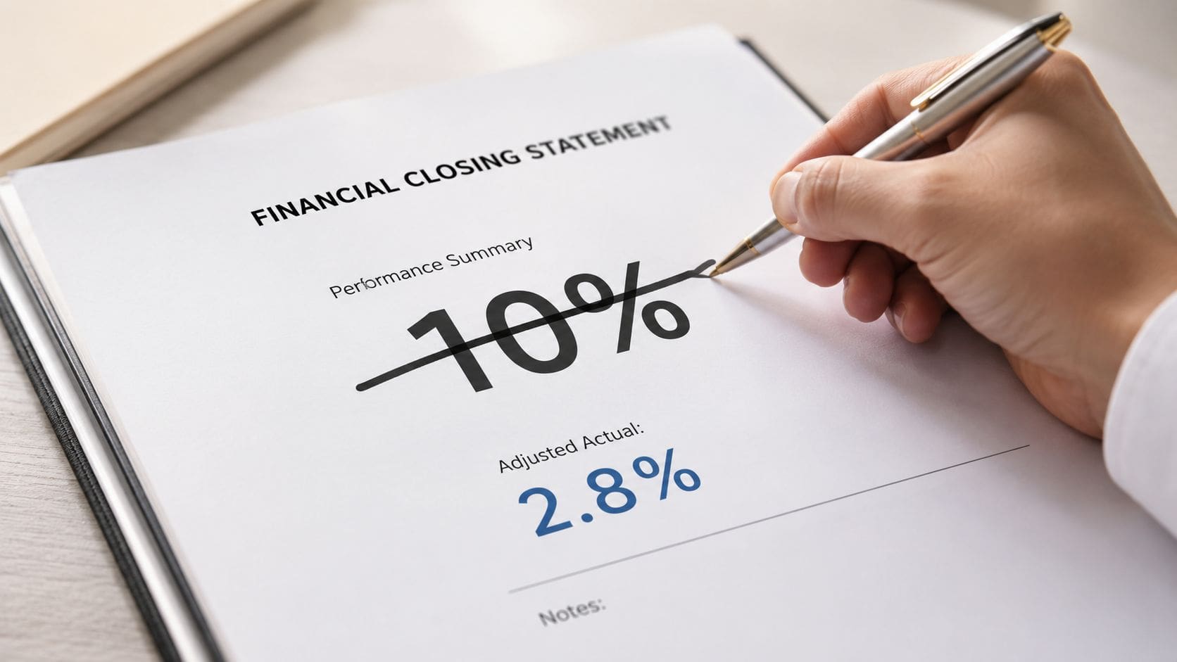 A hand uses a pen to strike through a ten percent figure on a financial closing document.