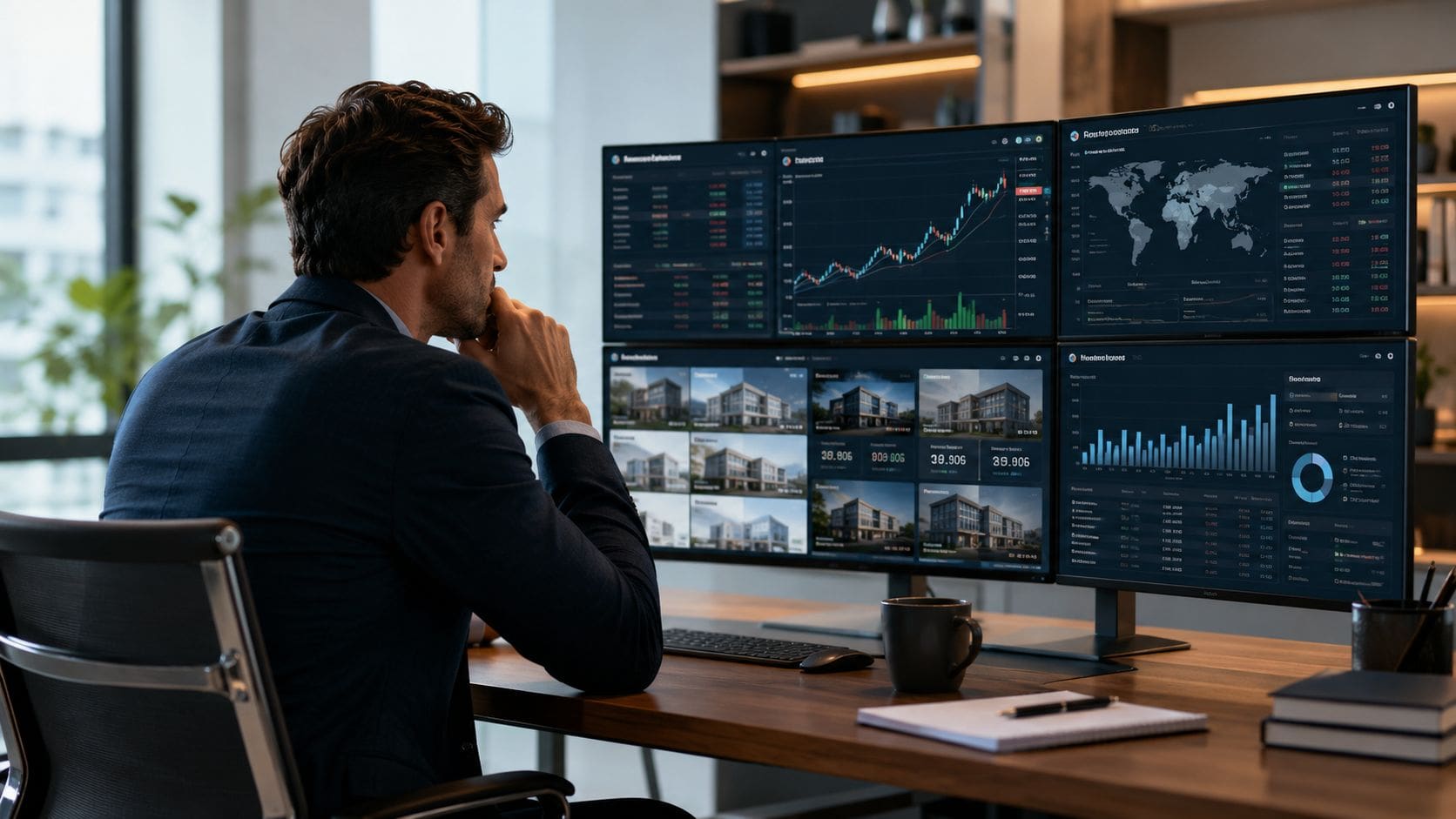 A professional real estate consultant analyzing property market data and financial charts on multiple office monitors.