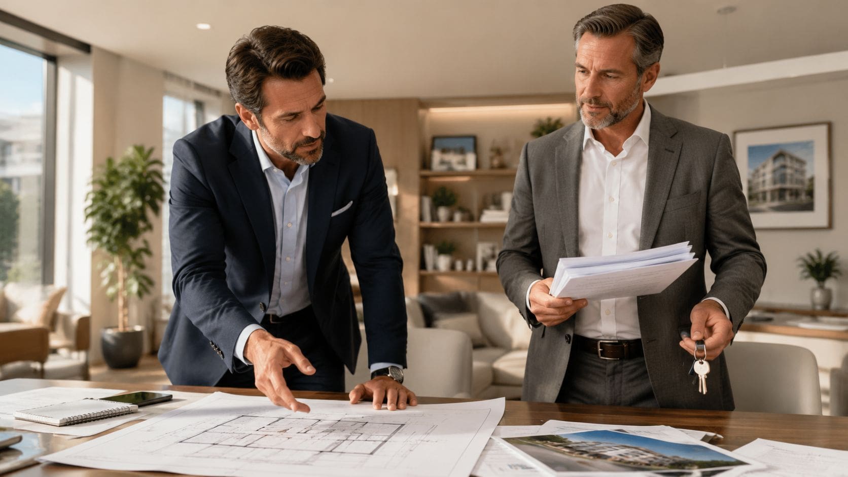 Two professional real estate consultants reviewing floor plans and house keys in a modern office.