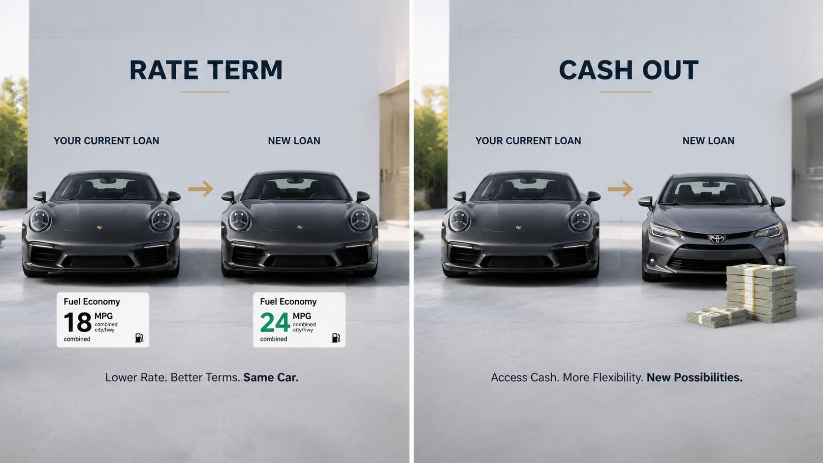 An educational graphic comparing Rate Term refinance and Cash Out refinance options for auto loans.