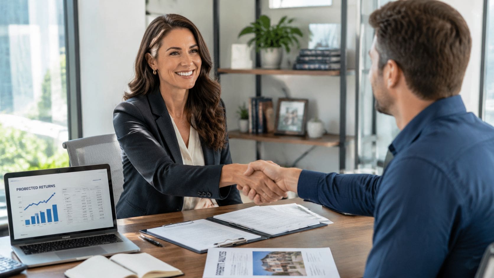 A professional woman in a suit shaking hands with a man during a business consultation.