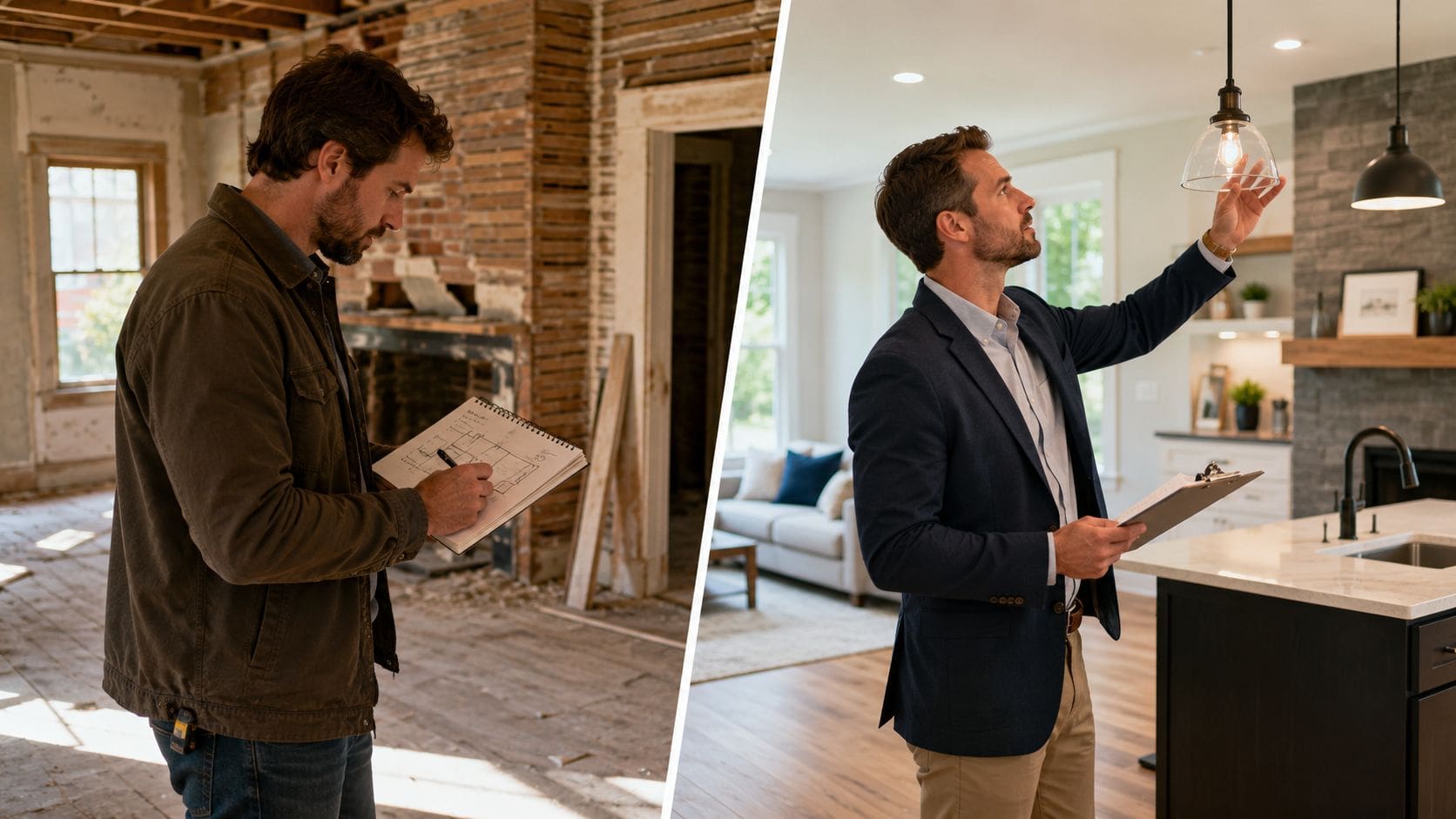A split-screen comparison showing a man evaluating a house under renovation and after completion.