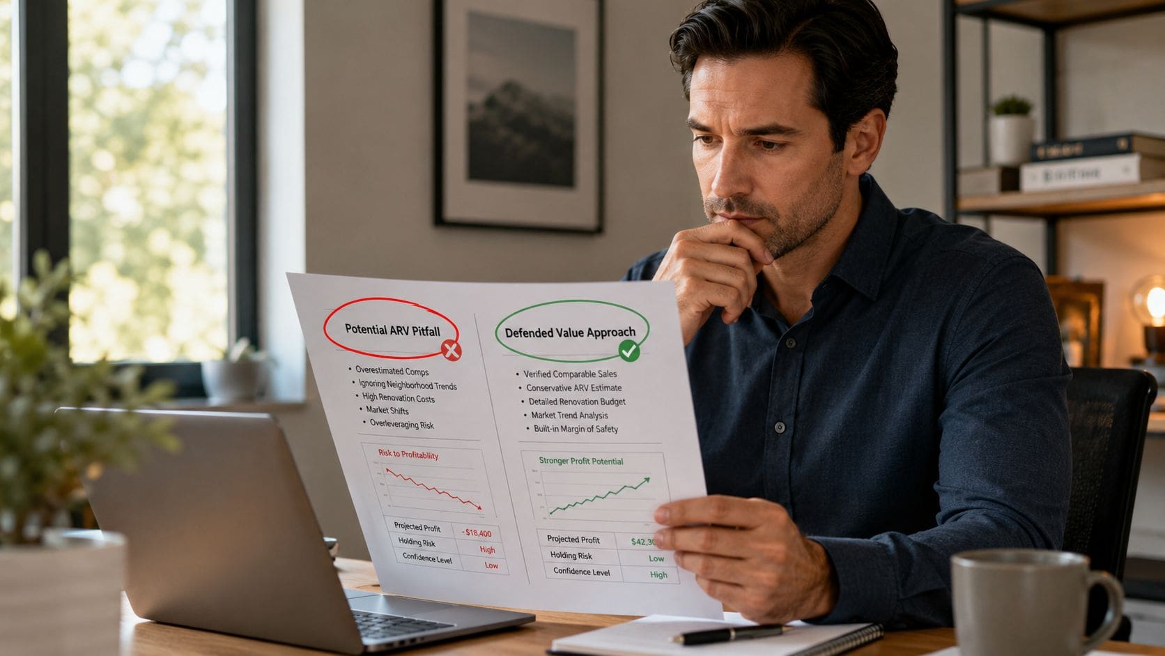 A professional man reviewing a document comparing potential ARV pitfalls against a defended value investment strategy.