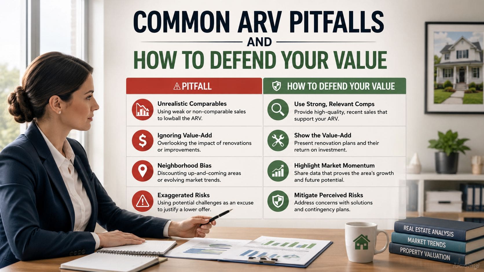 A professional woman reviewing an infographic detailing common ARV pitfalls and strategies to defend property valuations.