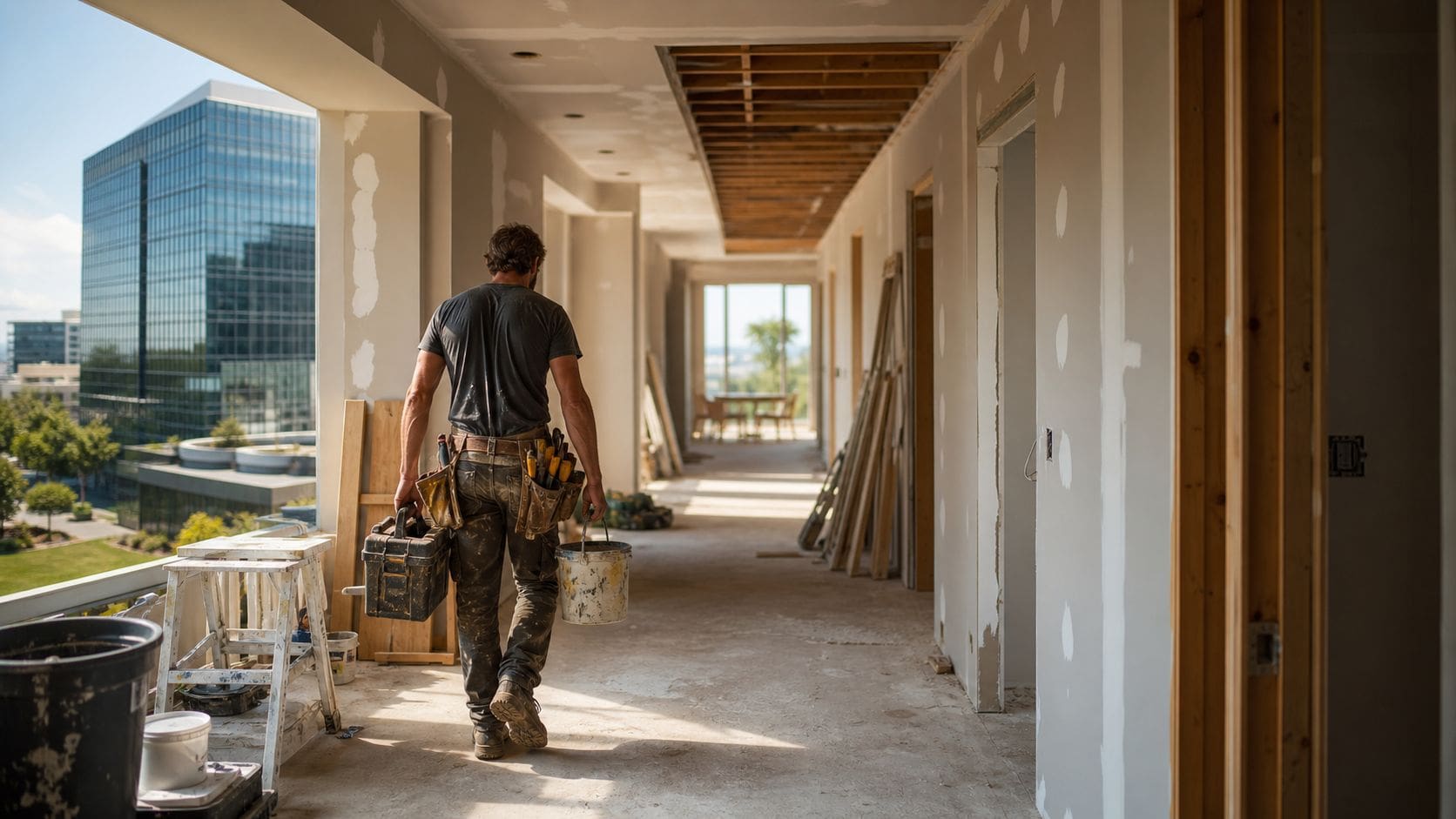A construction worker carries a toolbox and paint bucket through a building undergoing renovation or remodeling.