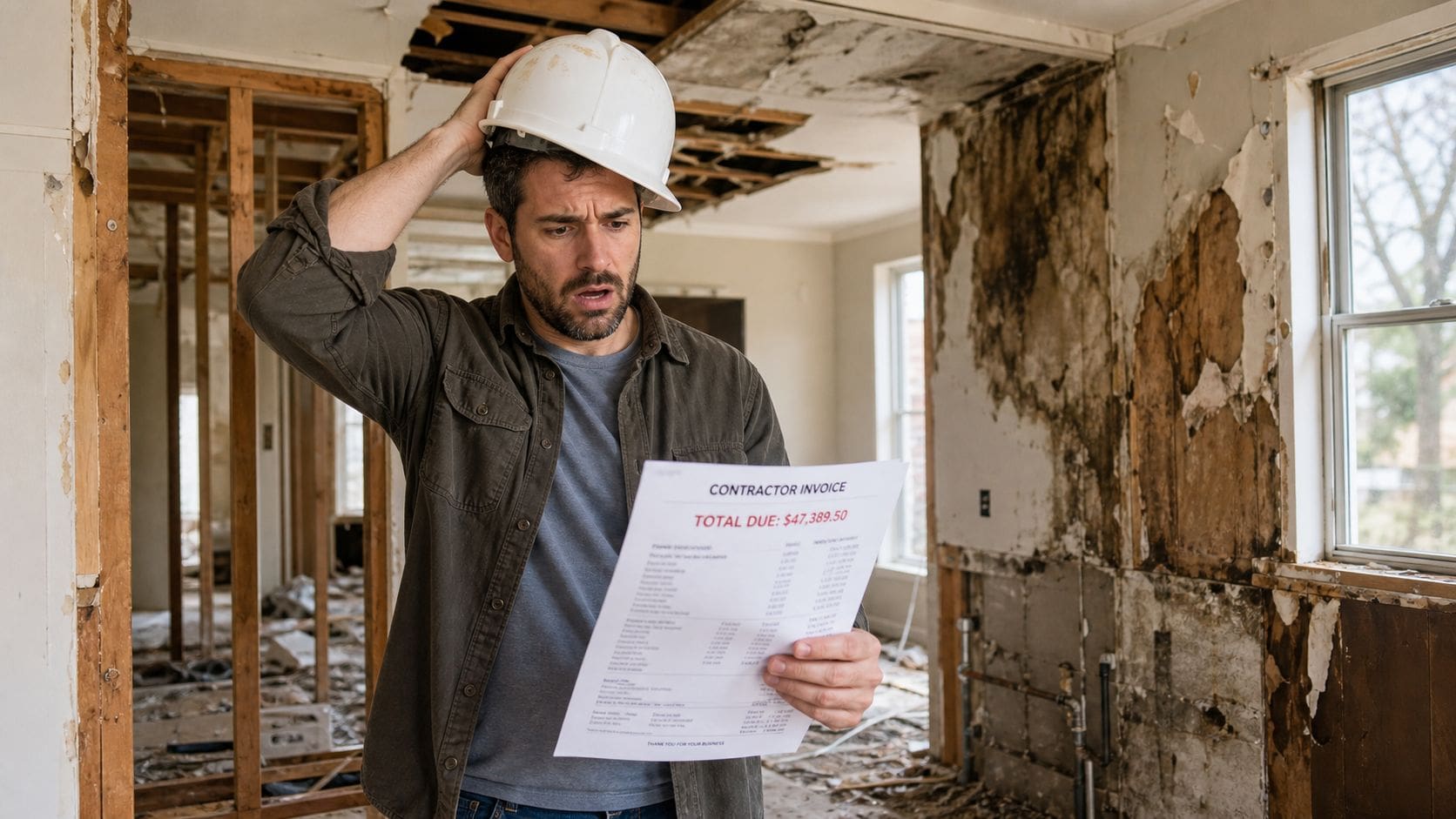 A distressed man in a hard hat reviews a surprisingly high contractor invoice inside a damaged house.