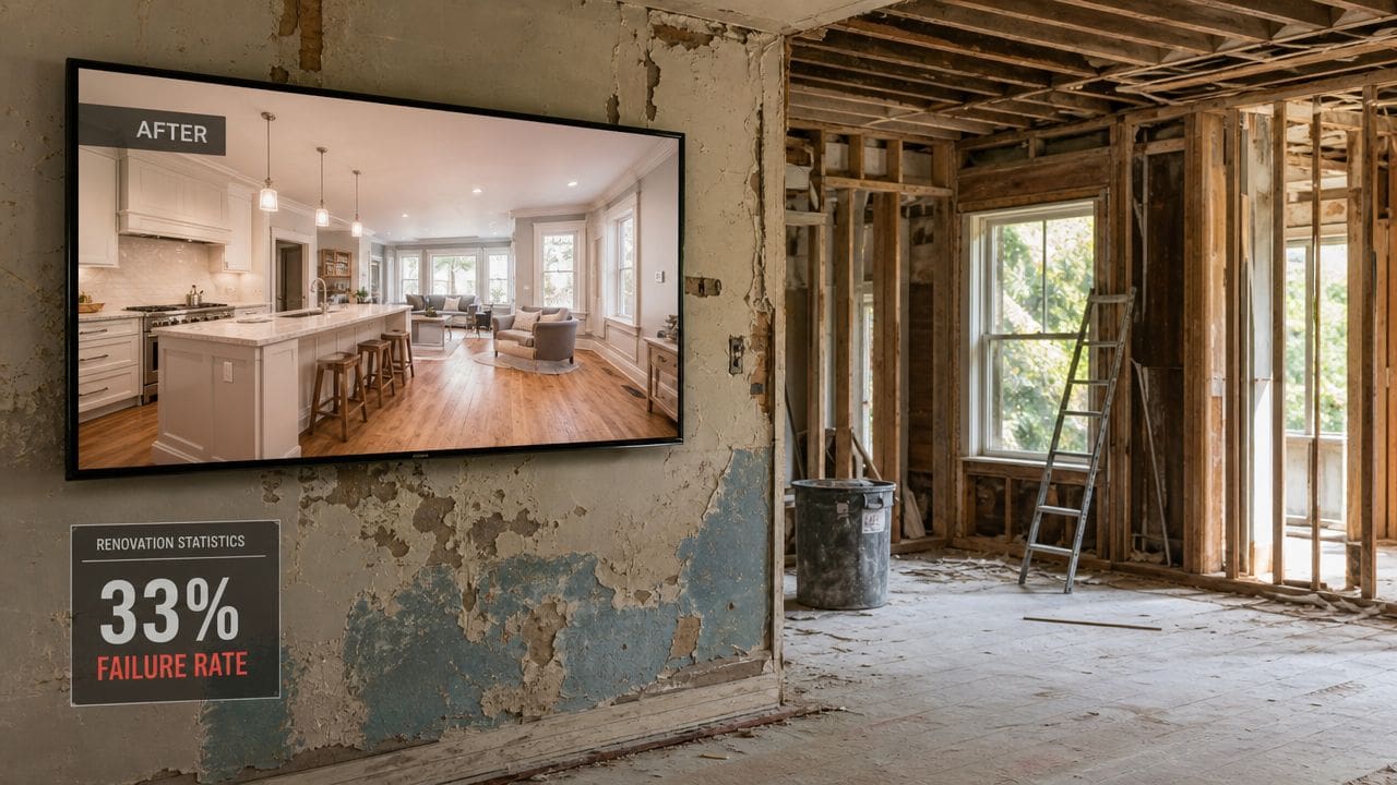 A contrast showing a dilapidated house interior beside a photograph of a beautiful, fully renovated kitchen.