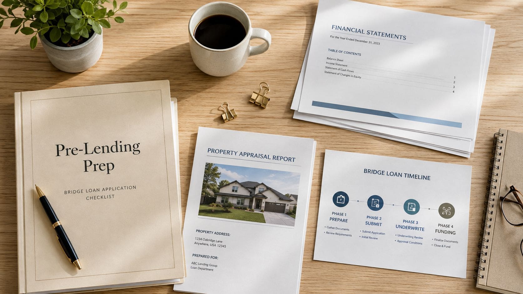 A professional desk workspace featuring a bridge loan application checklist, property appraisal report, and financial documents.