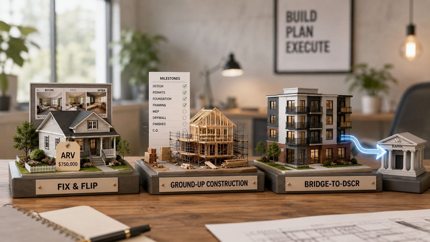 Miniature models of different property projects showing fix and flip, ground-up construction, and bridge loan financing processes.