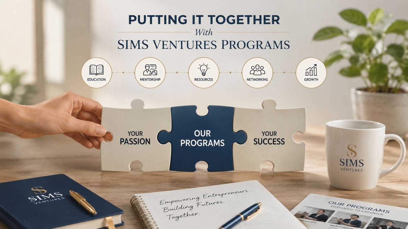 Conceptual image illustrating business growth with puzzle pieces labeled Passion, Programs, and Success, representing entrepreneurial support.