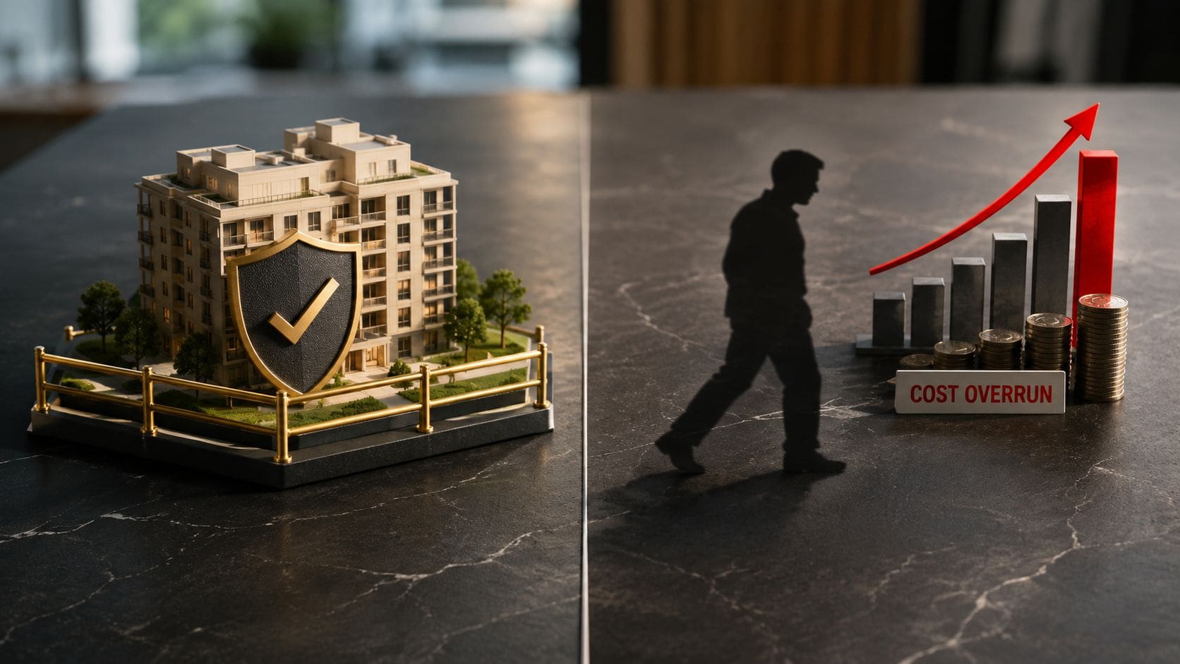 Conceptual image illustrating collateral based lending with a protected building model versus rising financial cost overruns.