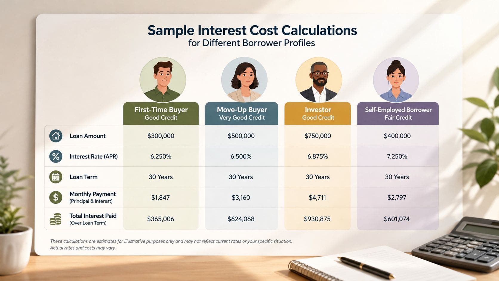 A chart comparing interest cost calculations for four different borrower profiles including first-time buyer, move-up buyer, investor, and self-employed.