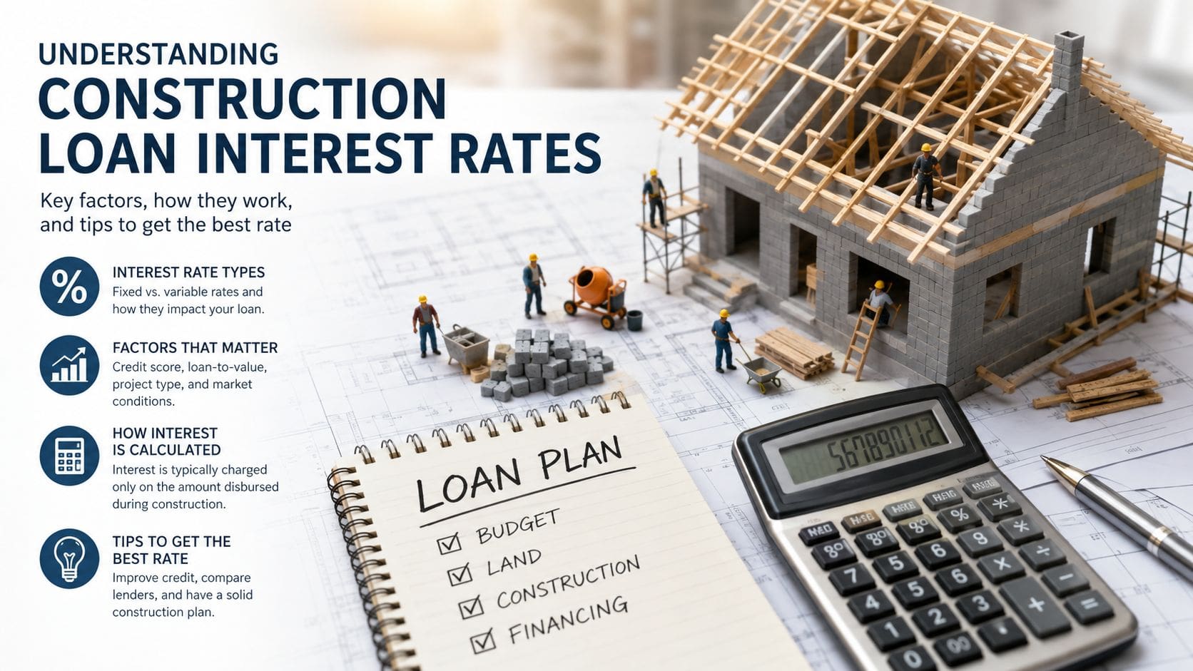 An infographic about construction loan interest rates showing a miniature house model, calculator, and loan plan notebook.