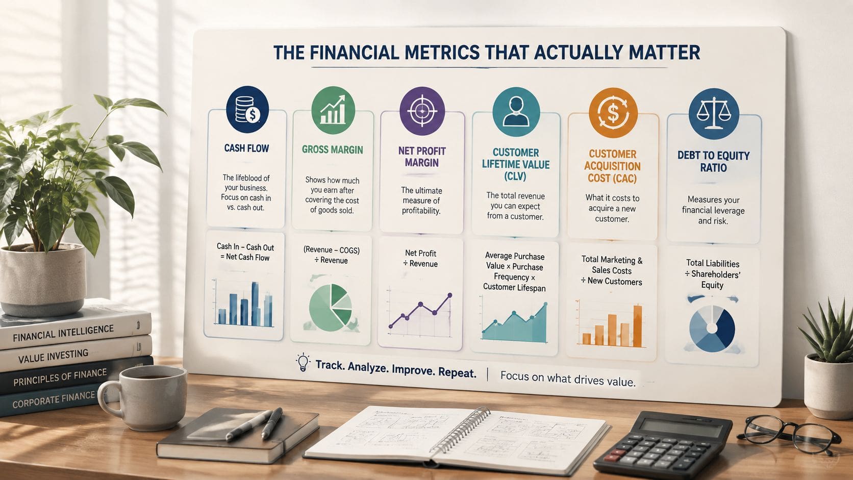 A professional infographic poster titled The Financial Metrics That Actually Matter displayed on a wooden desk.
