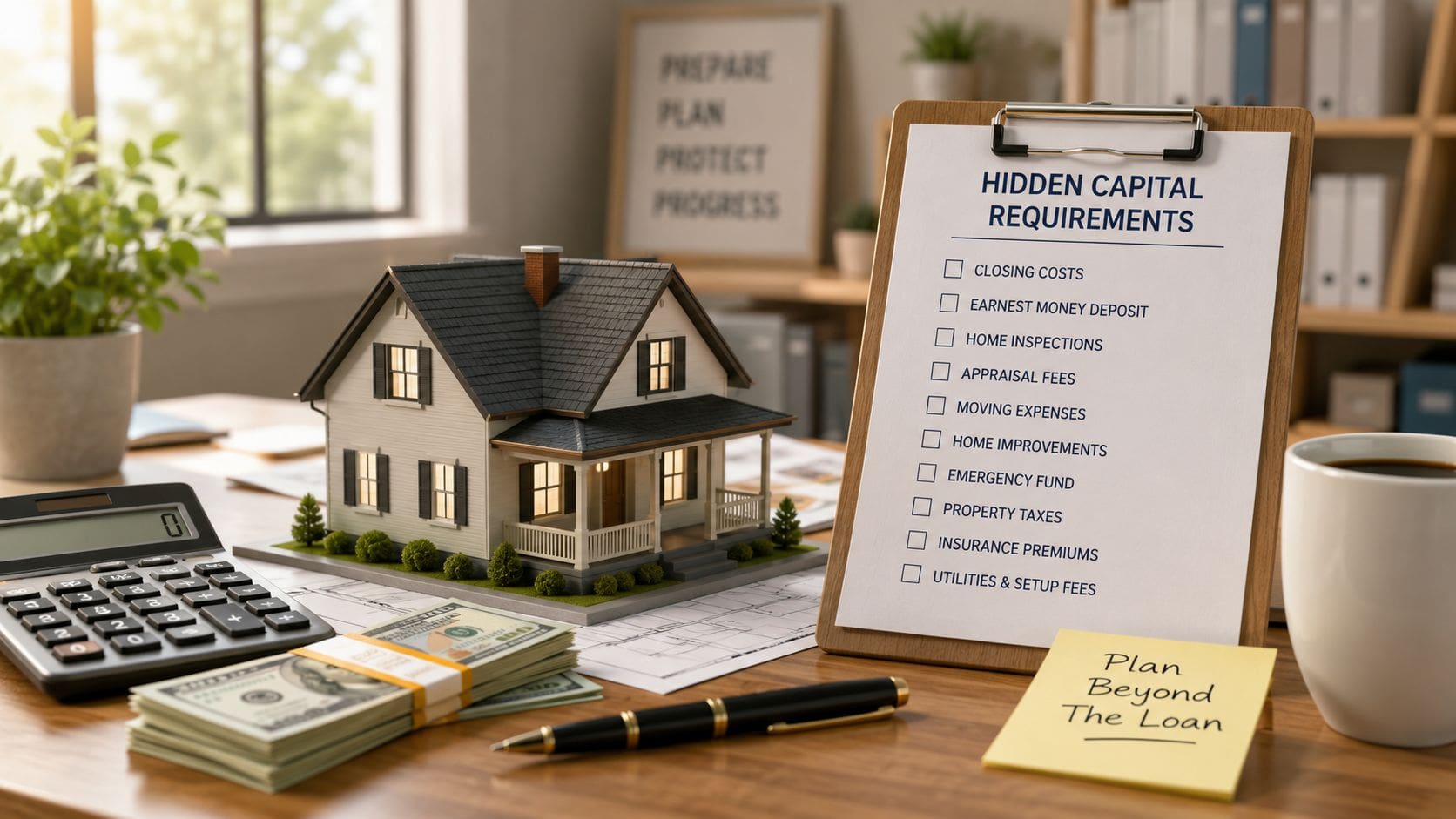 A miniature model home sits on a desk next to a checklist of hidden capital requirements.