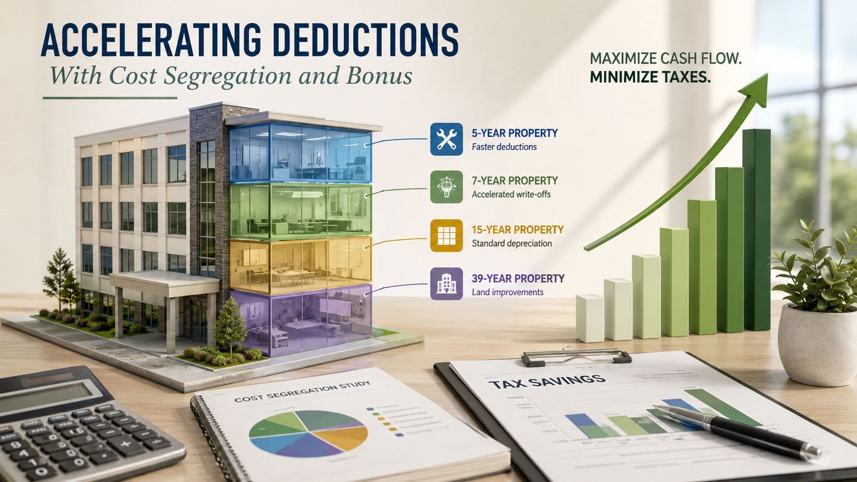 A 3D model of an office building illustrating cost segregation categories for real estate tax depreciation.