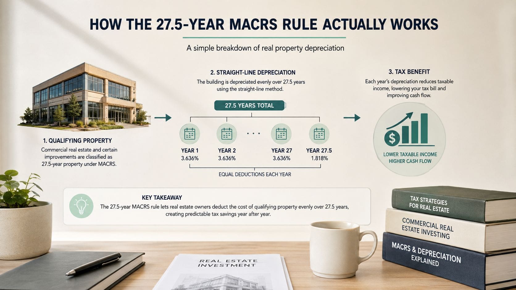 An infographic explaining the 27.5-year MACRS real estate depreciation rule with visual steps and a key takeaway.