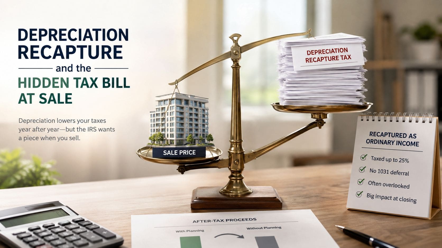 A scale balances a building model against a large stack of papers labeled as depreciation recapture tax.