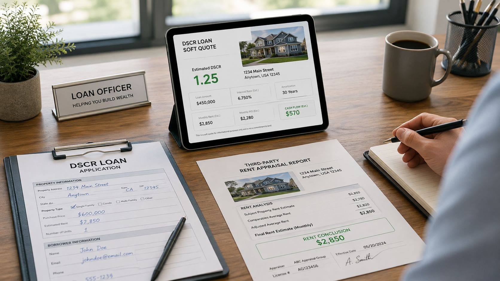 A professional desk setup with a DSCR loan application, rent appraisal report, and tablet displaying mortgage details.