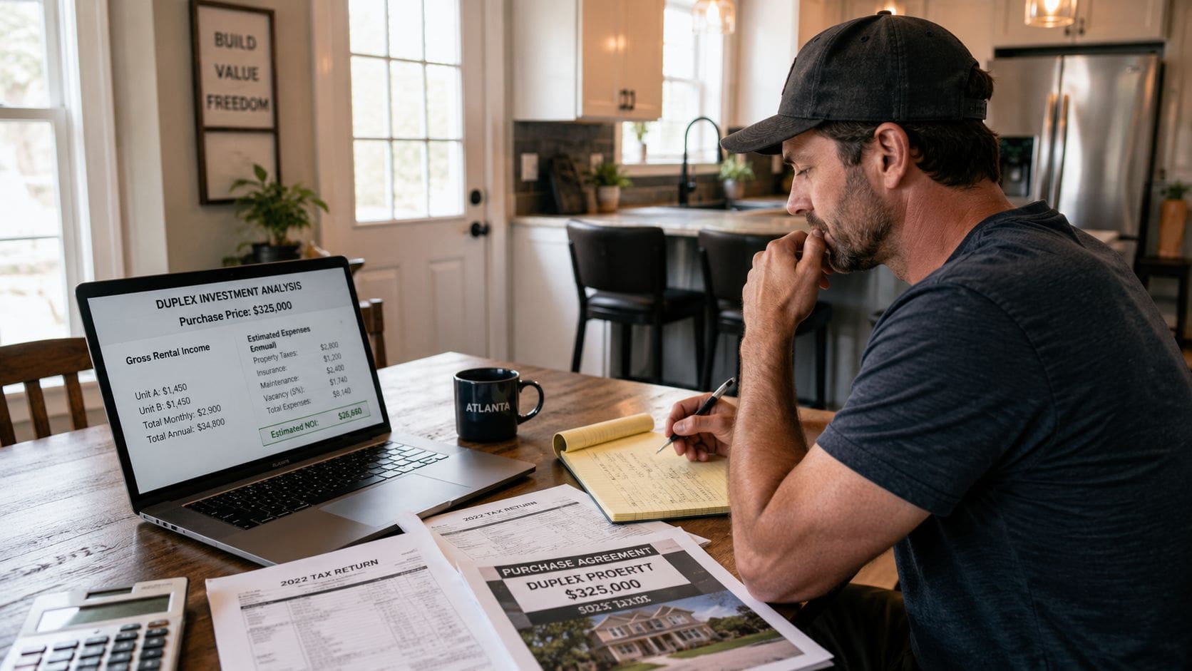 A man reviewing a duplex real estate investment analysis on his laptop and tax documents at home.