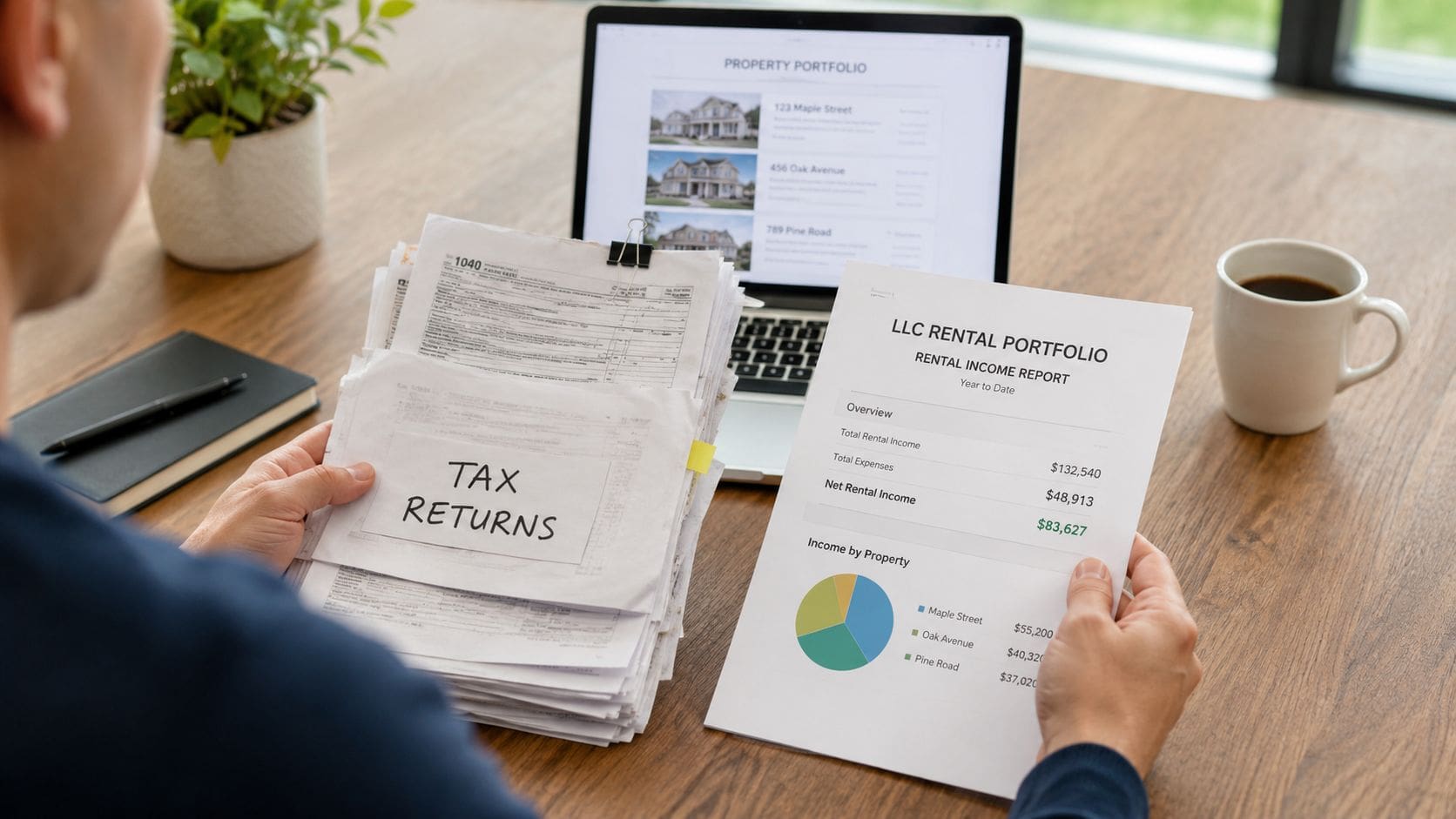 A person reviewing tax documents and a rental property income report for a DSCR loan application.