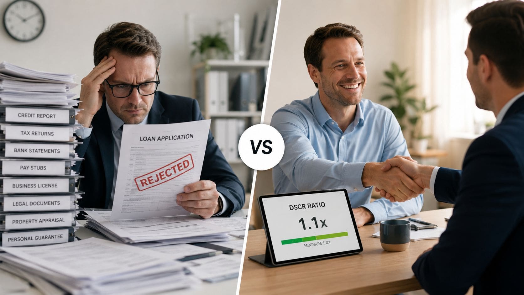 A split screen image showing a rejected loan application on the left and a successful loan agreement on the right.
