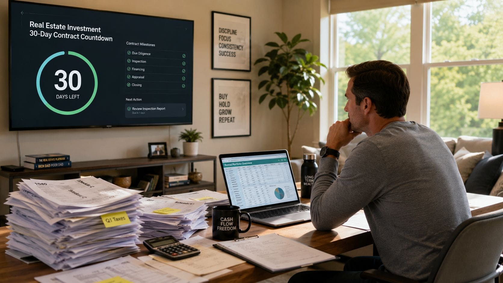 A professional man reviews real estate investment documents and a financial dashboard in his organized home office.