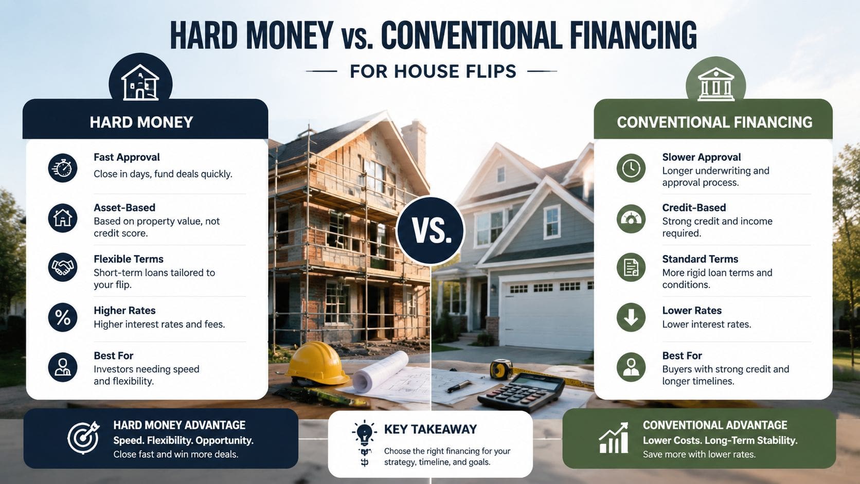 A comparison chart showing the differences between hard money loans and conventional financing for house flipping investments.