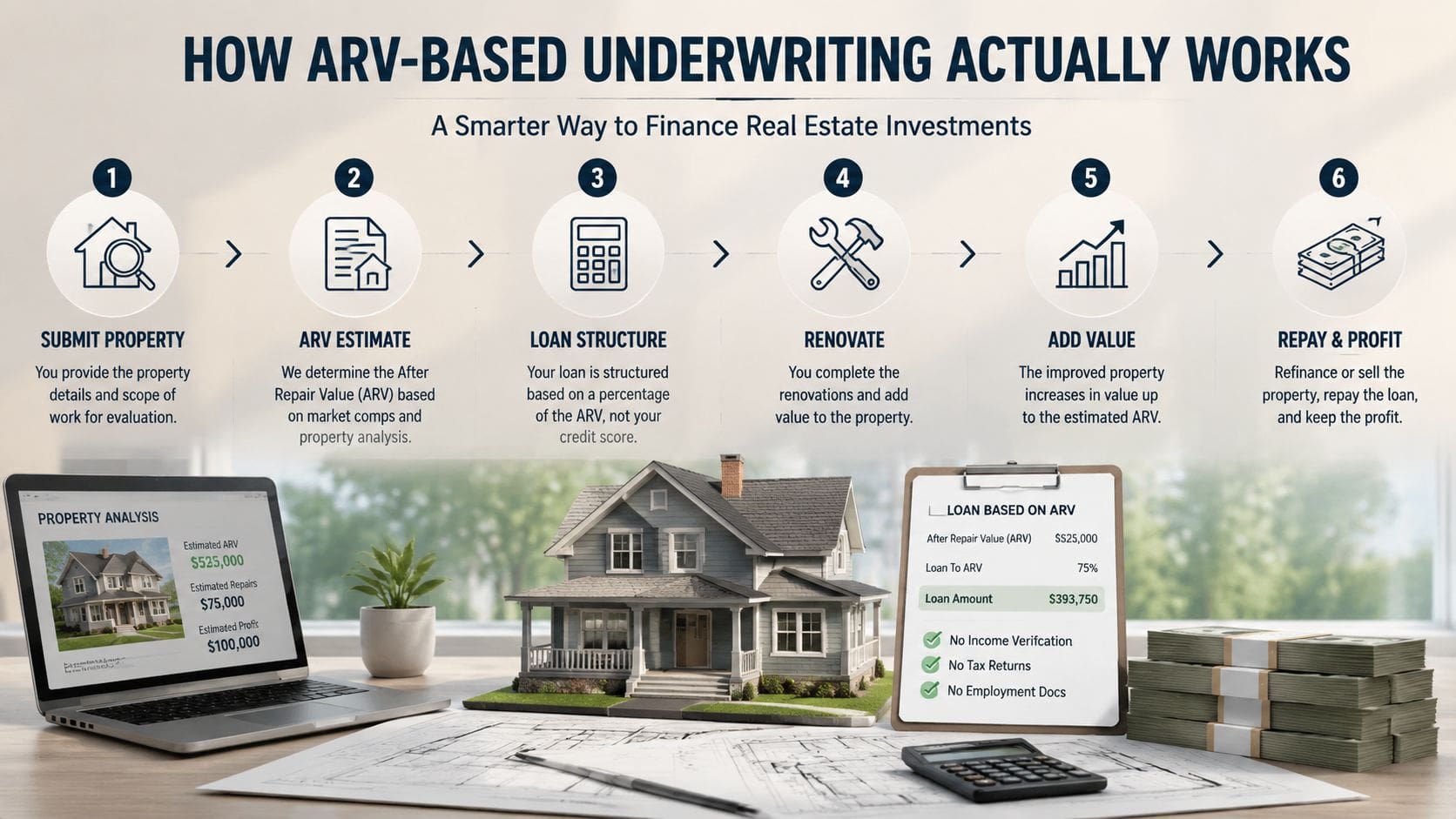 A six-step infographic illustrating the ARV-based underwriting process for real estate investment and property flipping loans.