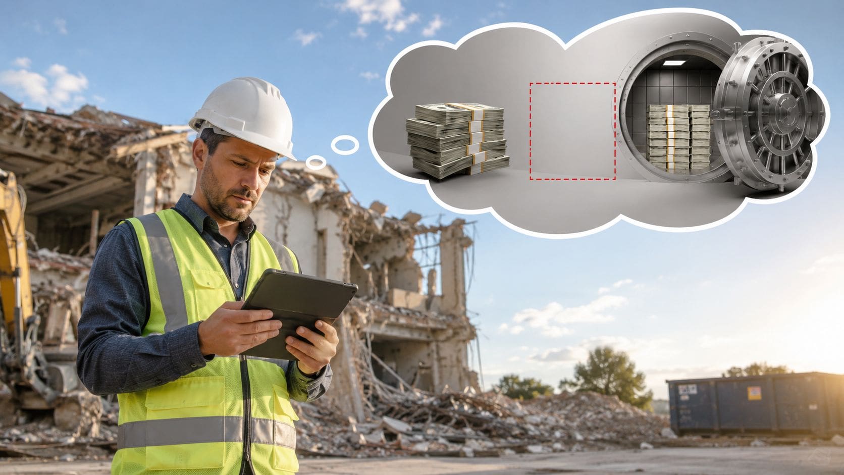 A construction worker holding a tablet standing in front of a ruined building while envisioning bank vault savings.