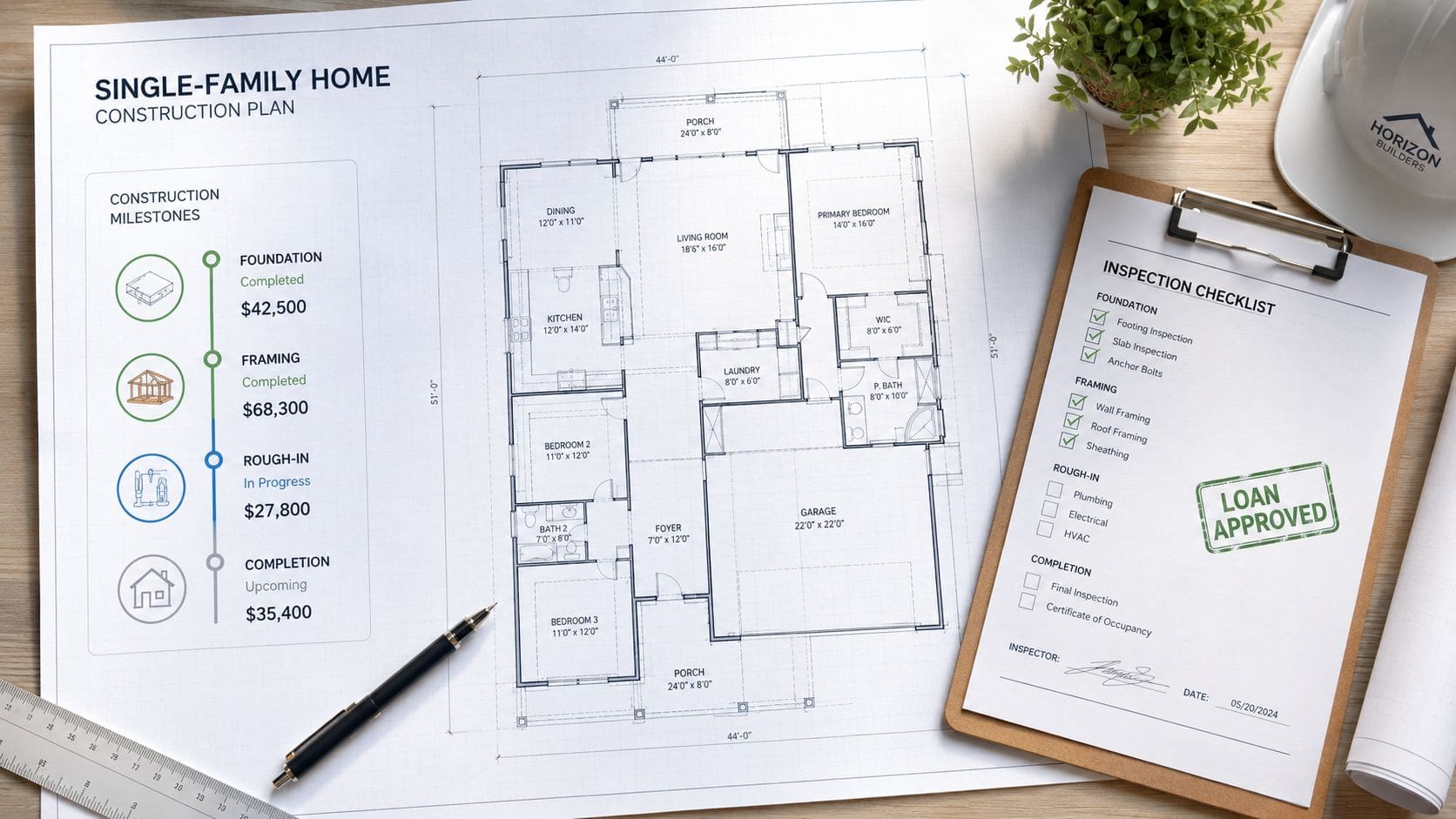 Construction floor plan for a single-family home with a construction checklist, financial milestones, and an approved loan.