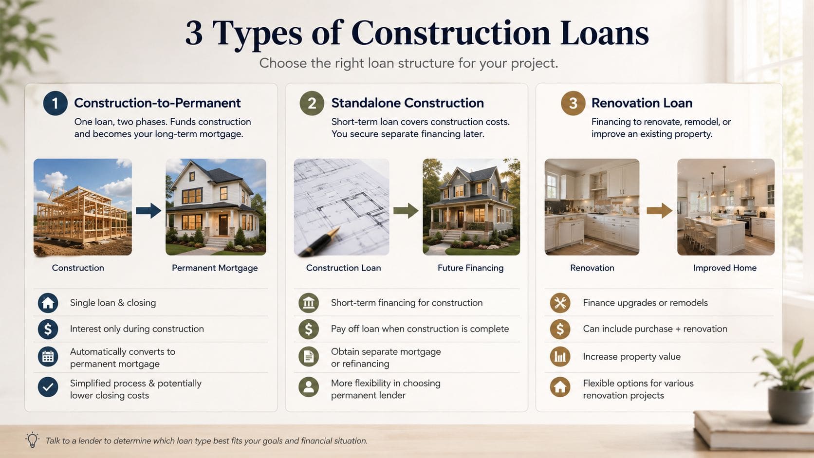 A visual guide explaining the three main types of construction loans and their specific features.