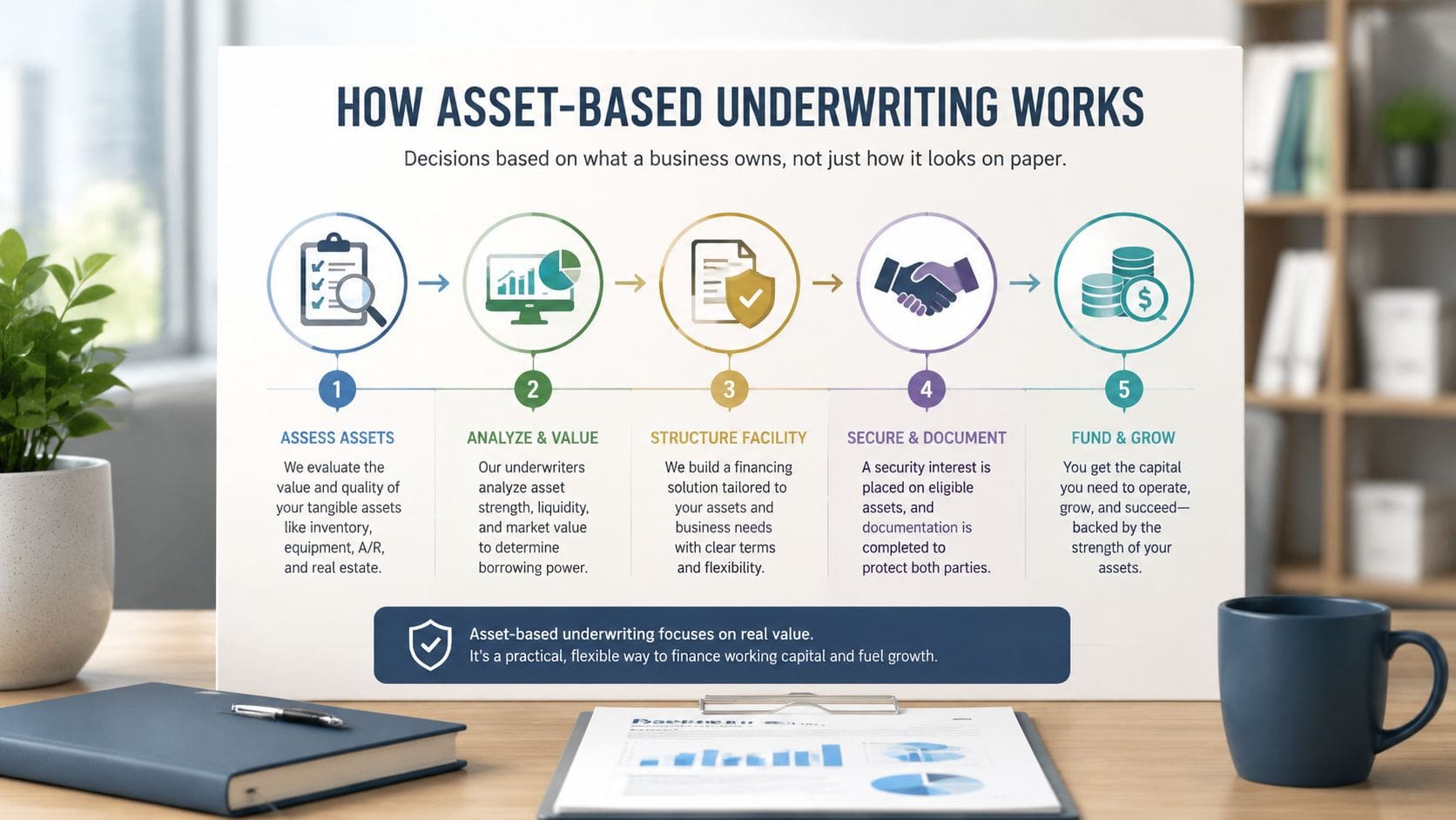 A diagram illustrating the five steps of asset-based underwriting to help businesses secure financing through tangible assets.