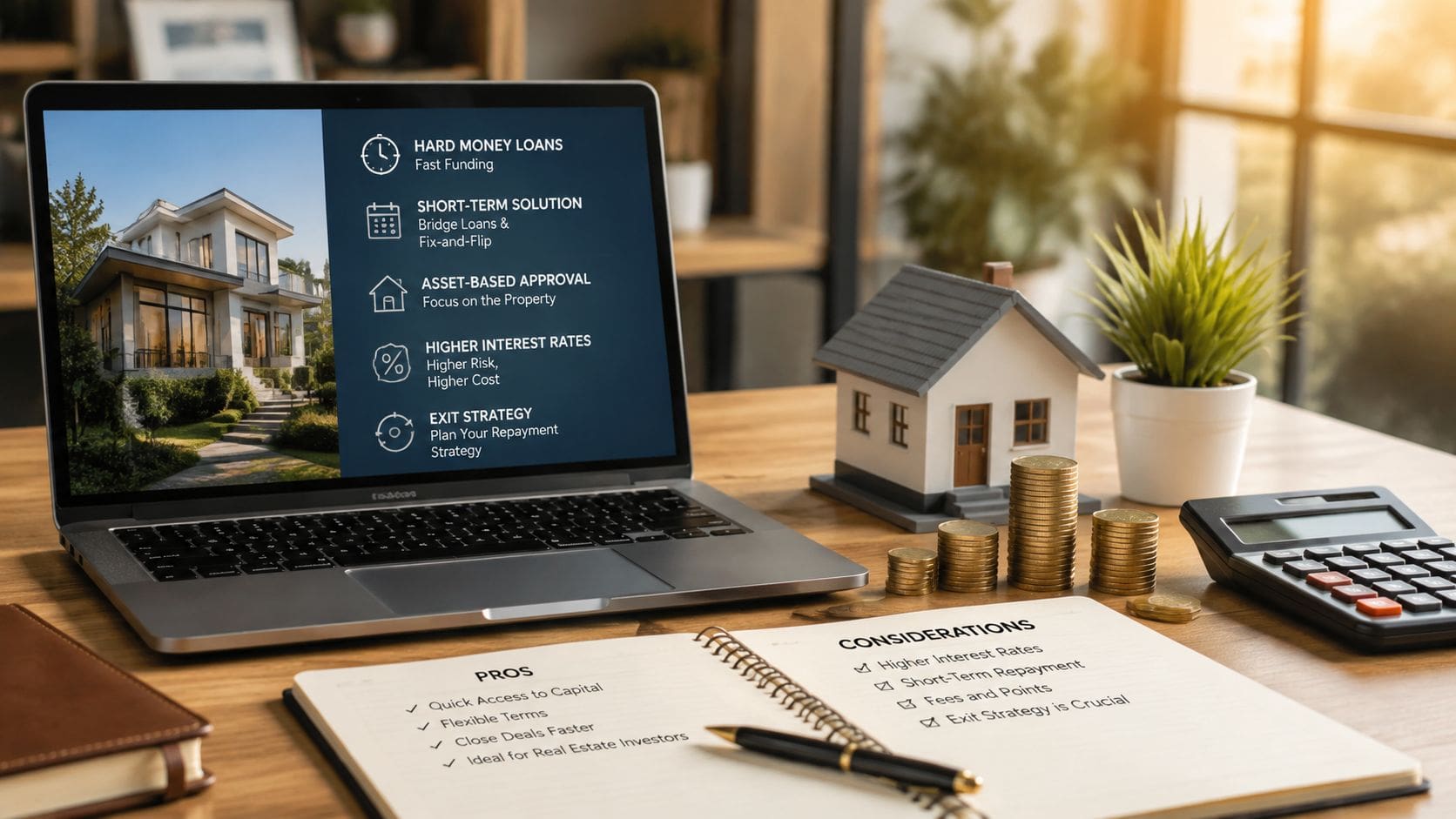 A laptop displays hard money loan features alongside a notebook detailing pros and considerations on a wooden desk.