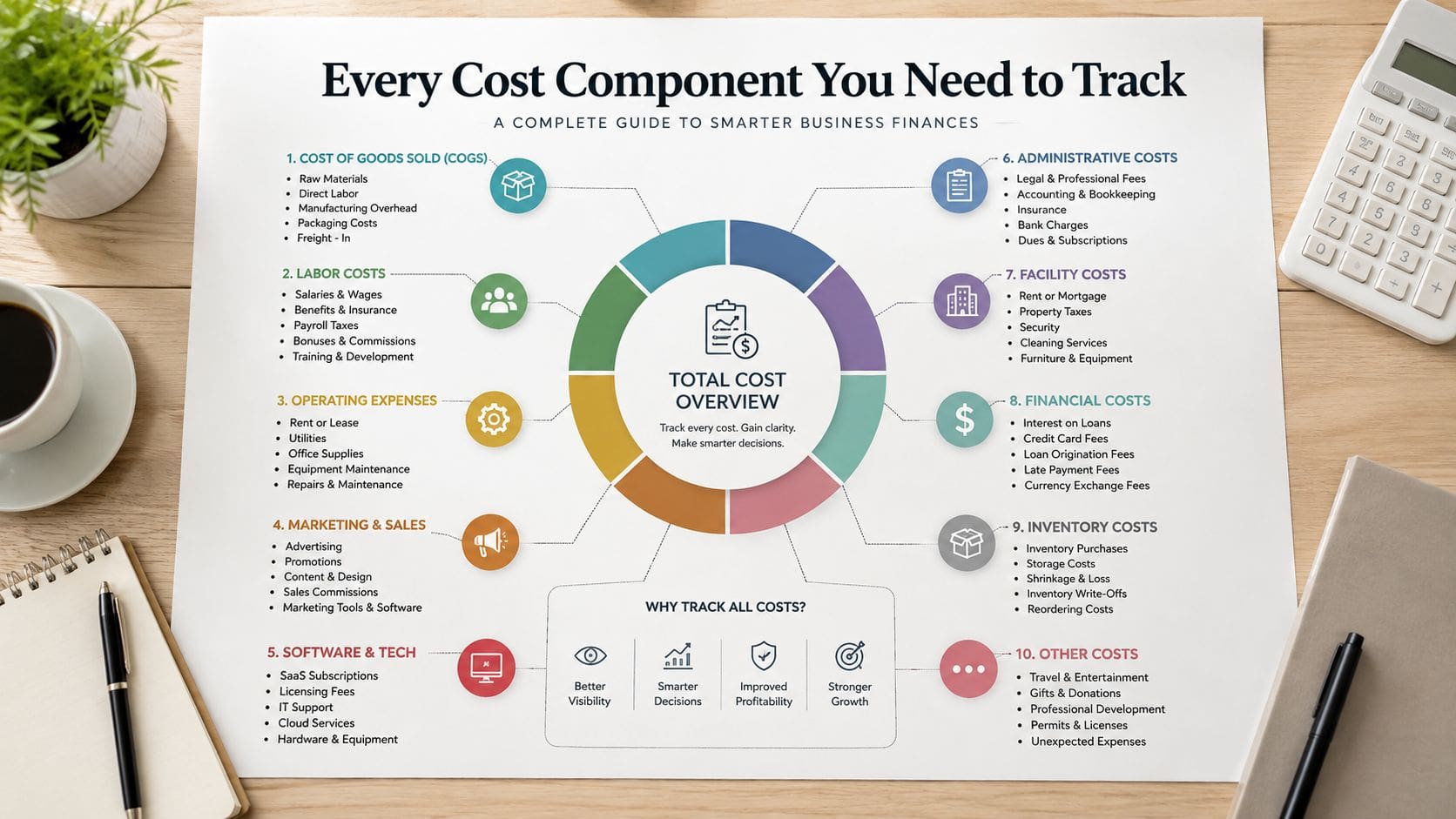 An infographic titled Every Cost Component You Need to Track showing a breakdown of ten essential business expense categories.