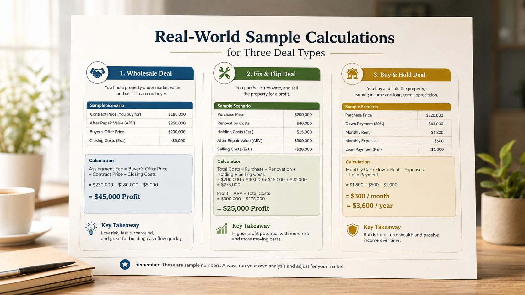 An infographic displaying real estate investment formulas for wholesale, fix and flip, and buy and hold strategies.