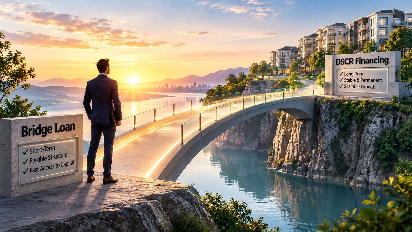 A businessman standing on a cliff edge looking across a bridge towards a luxury apartment development.