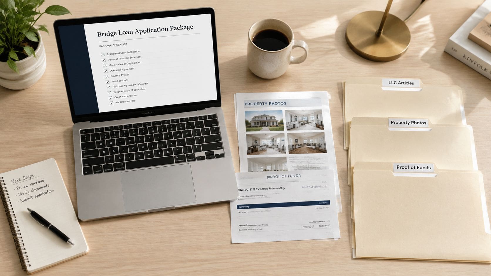 A clean desk workspace featuring a laptop showing a bridge loan application checklist, folders, and documents.