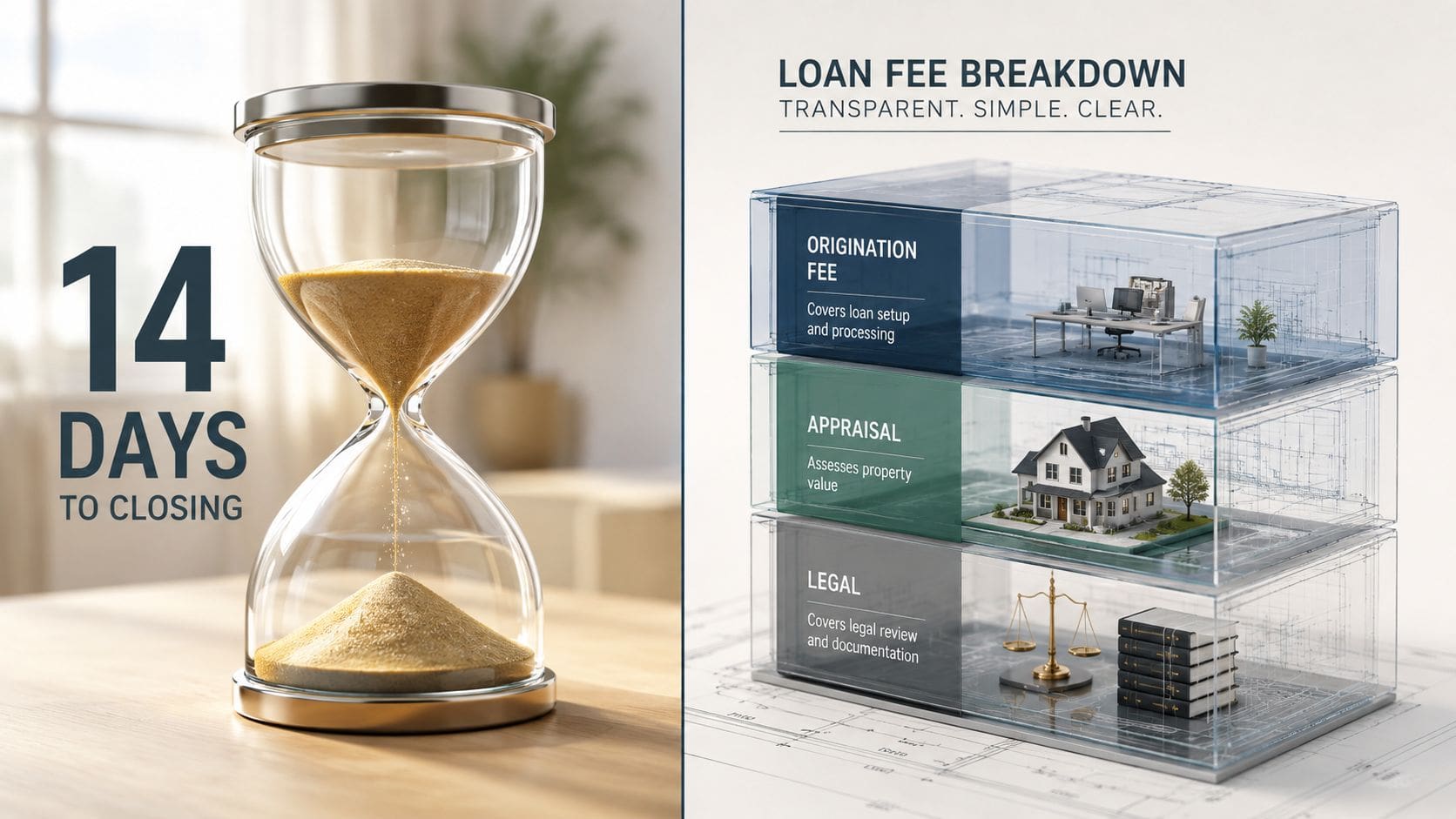 An hourglass indicating 14 days to closing beside a breakdown of common home loan fees and costs.