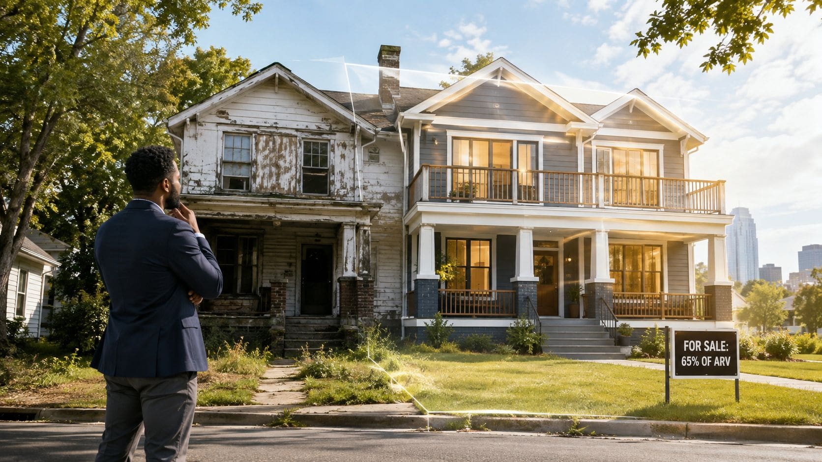 A real estate investor evaluates a dilapidated property compared to its potentially renovated version for bridge funding.