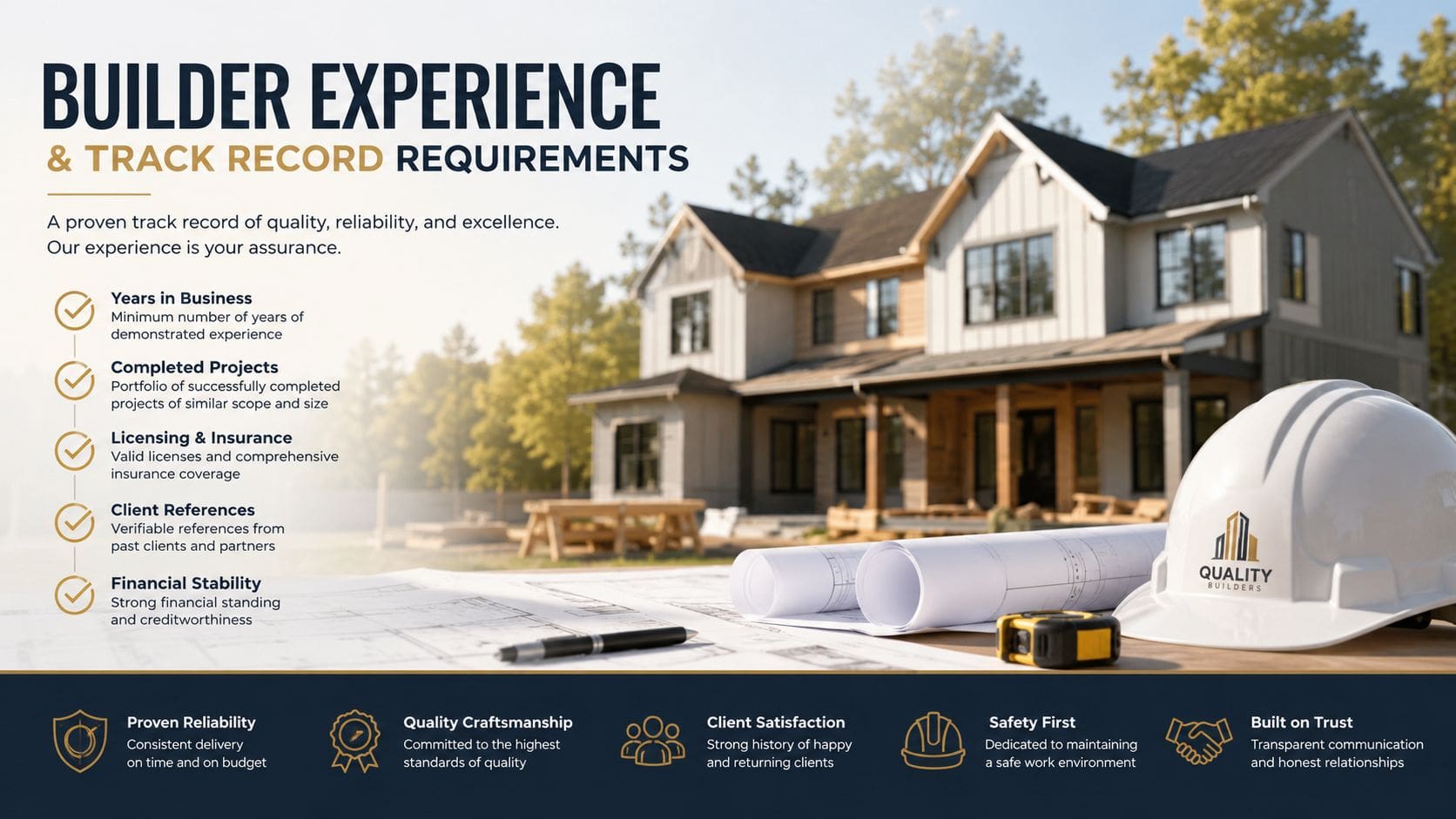 A professional infographic outlining builder experience and track record requirements for construction projects with a house in the background.