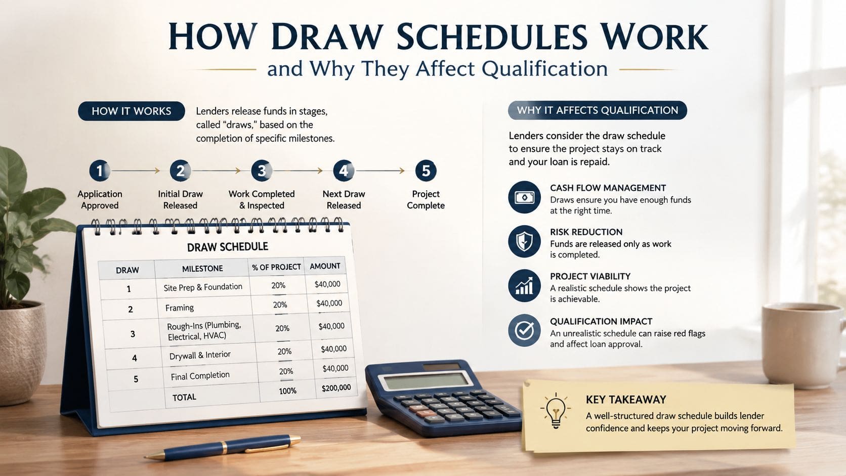 A visual guide explaining how construction draw schedules work and their impact on loan qualification processes.
