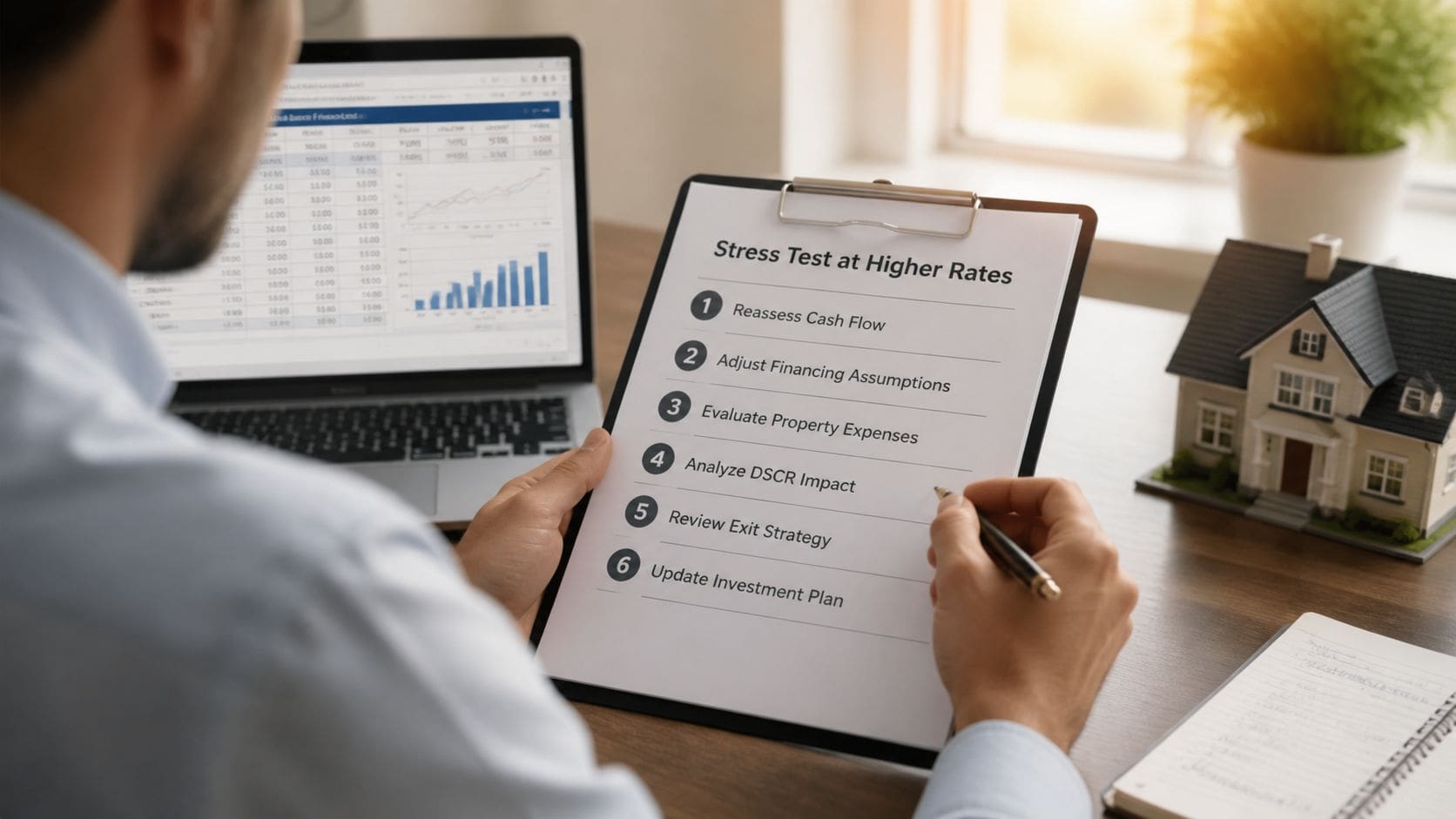 A professional analyzing a real estate investment strategy document labeled Stress Test at Higher Rates.