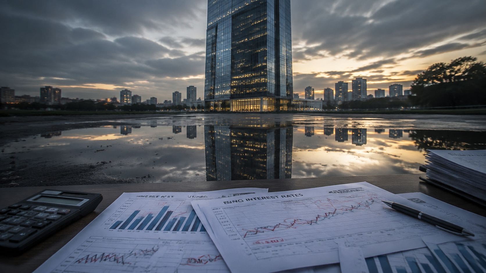 A financial workspace featuring charts on interest rates and a calculator overlooking a modern city skyline.