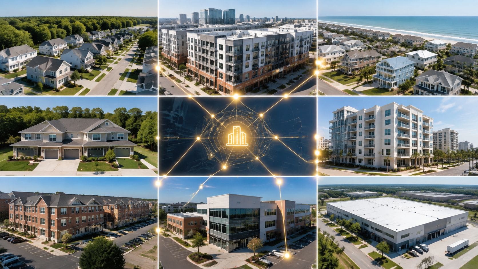 A collage showing various types of real estate, including suburban homes, city apartments, and commercial warehouses.