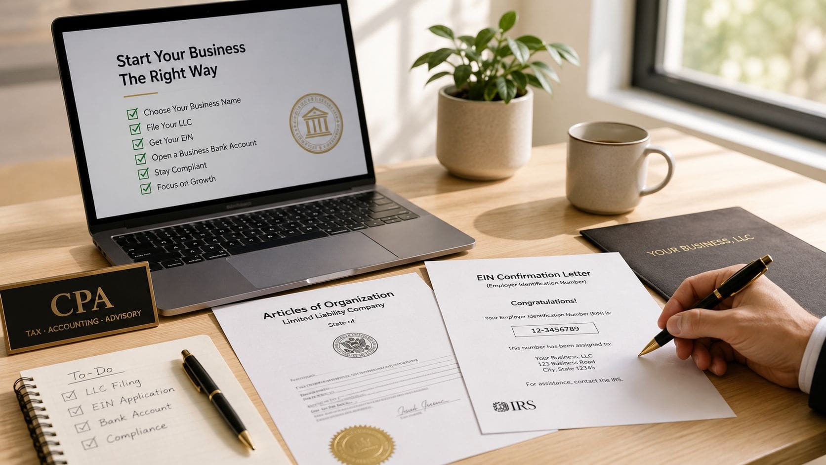A professional desk setup featuring a laptop with business checklist, Articles of Organization, and an EIN letter.