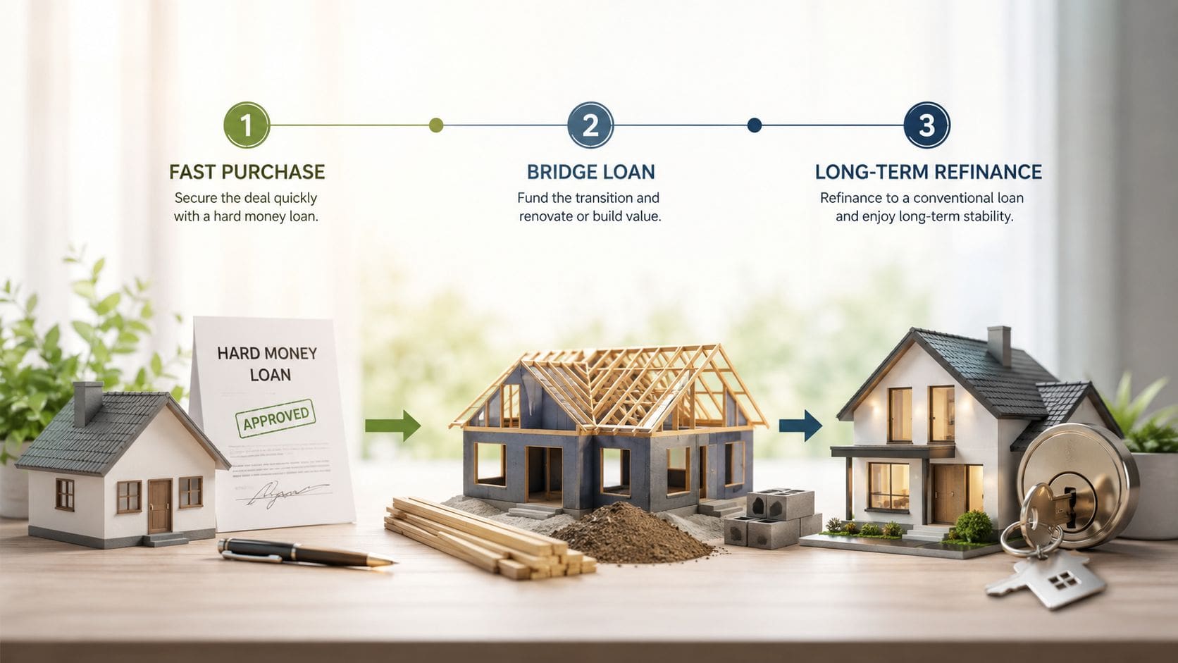 An infographic showing the three steps of real estate investment: hard money loan, construction, and refinancing.